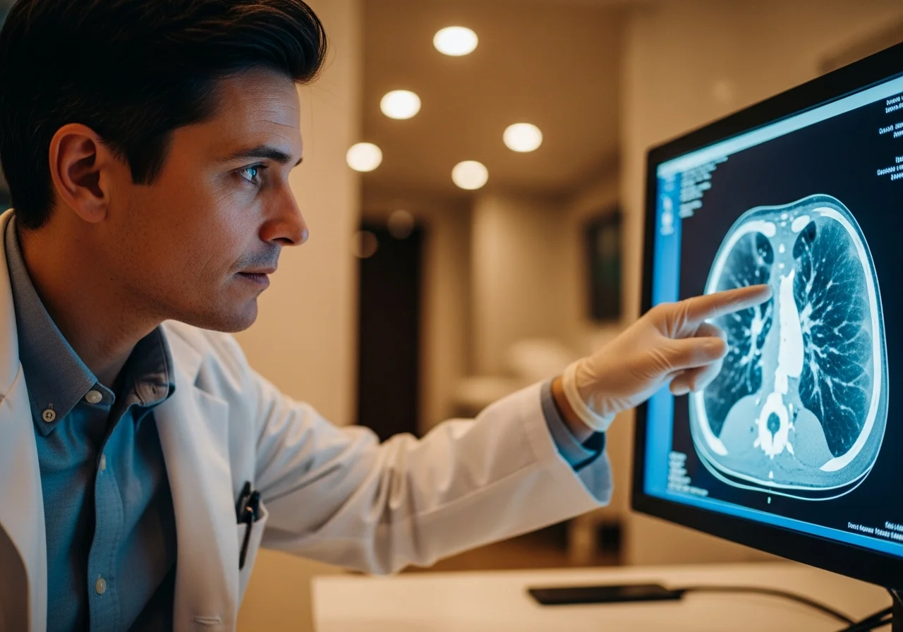 Medical professional reviewing chest CT scan showing pulmonary fibrosis patterns for stem cell therapy evaluation