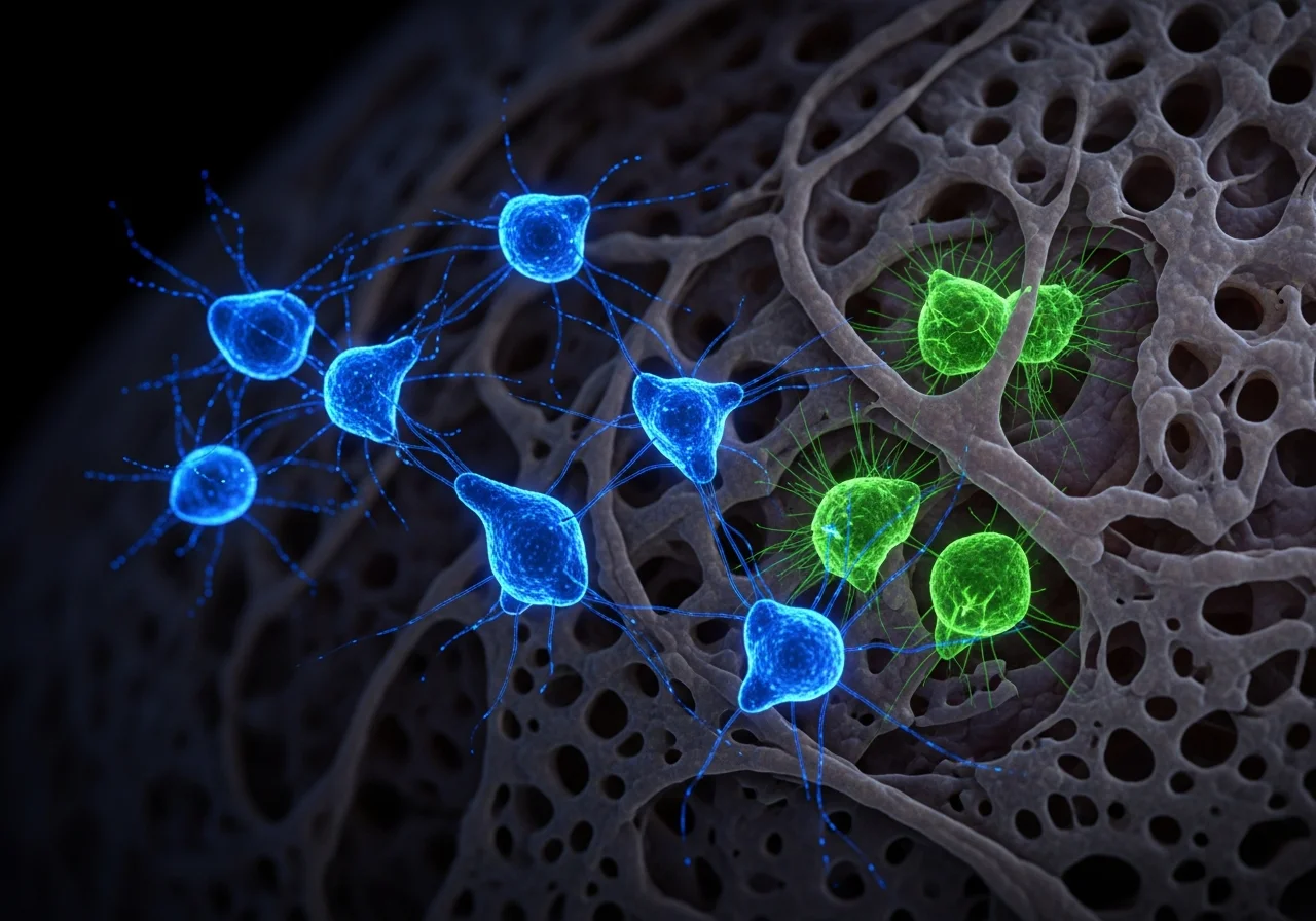 Microscopic visualization of mesenchymal stem cells interacting with damaged lung tissue during regenerative therapy