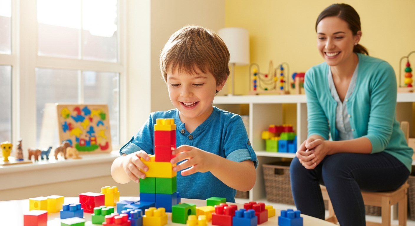 Happy child engaged in therapeutic play activities in a bright therapy room