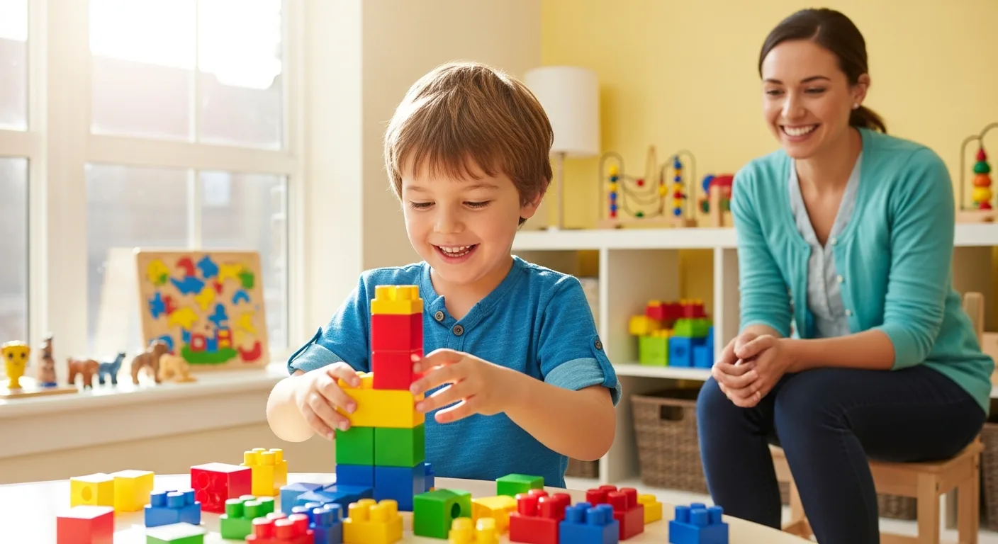 Happy child engaged in therapeutic play activities in a bright therapy room