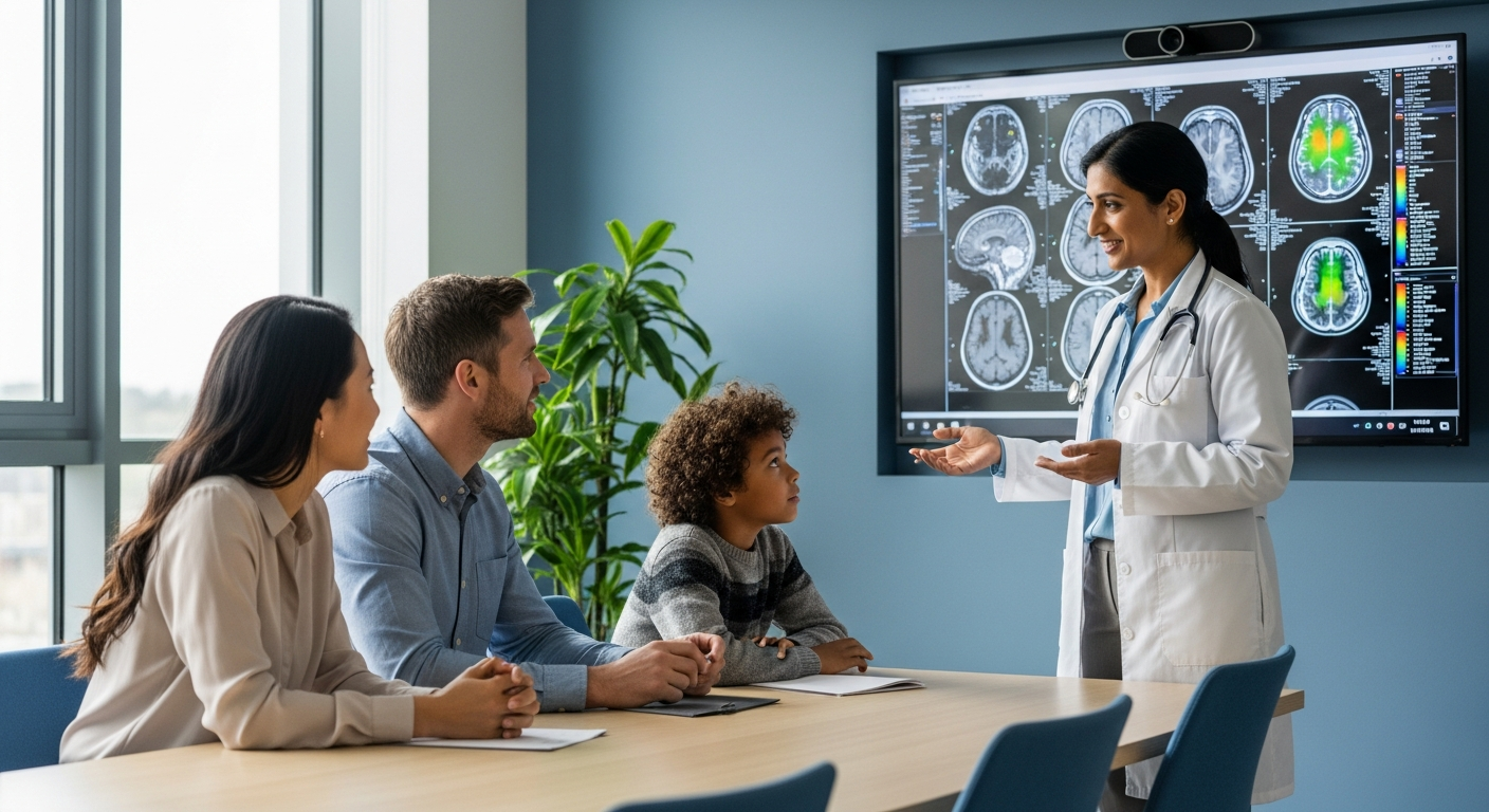 Family consulting with medical specialist about stem cell therapy treatment plan
